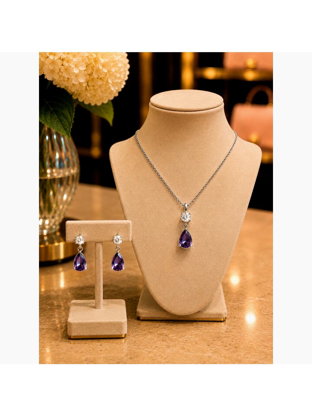 Cubic Zirconia Purple Teardrop Necklace & Matching Earrings Set Silver Tone